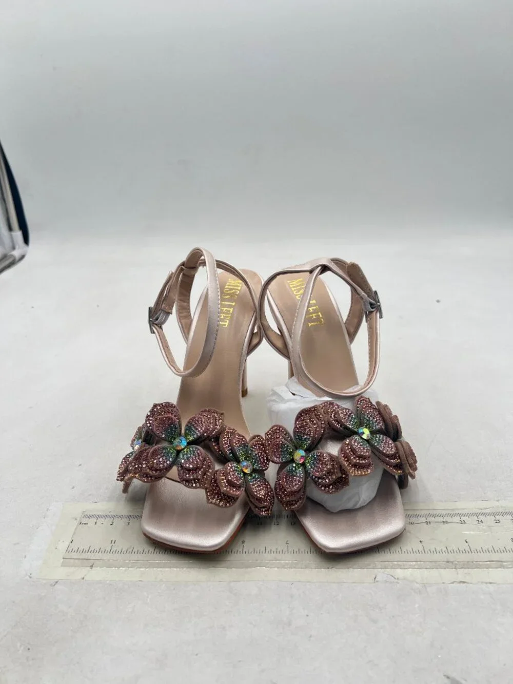 miss left Champagne Rhinestones Stiletto Heel Sandals with Strap Buckle Flower